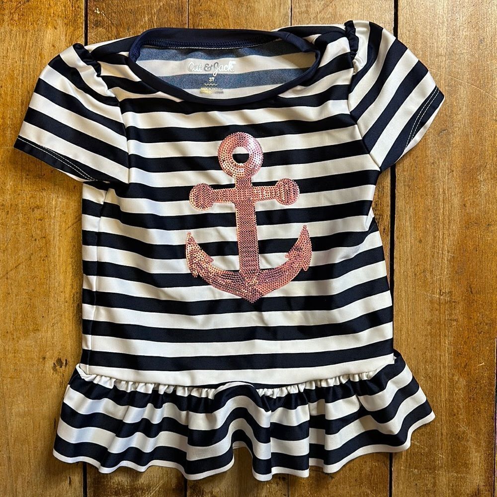 Cat and Jack Girls size 3T Blue and White Striped Rash Guard Swim Shirt